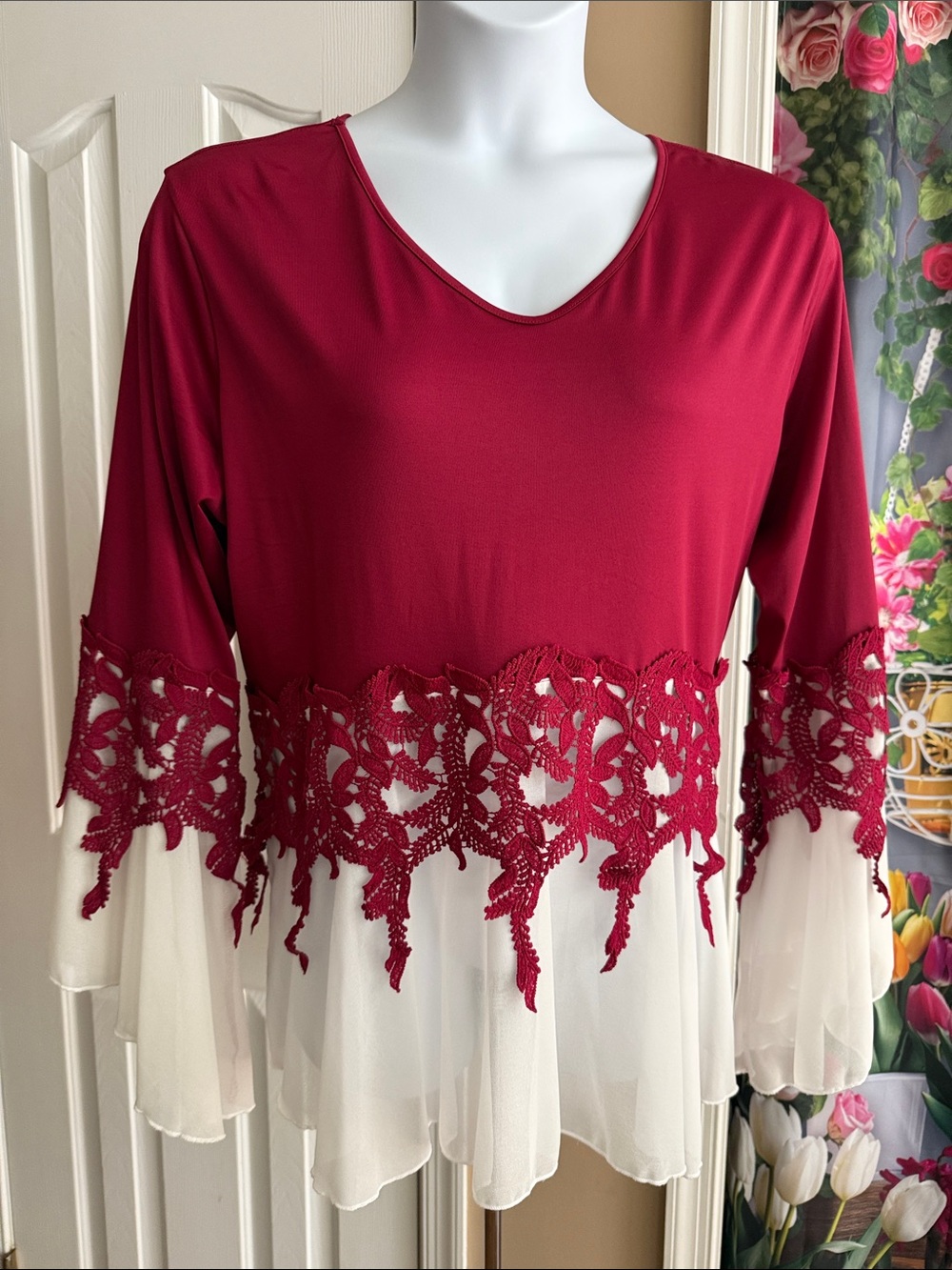 Women’s Red Lace-Trim Layered Blouse